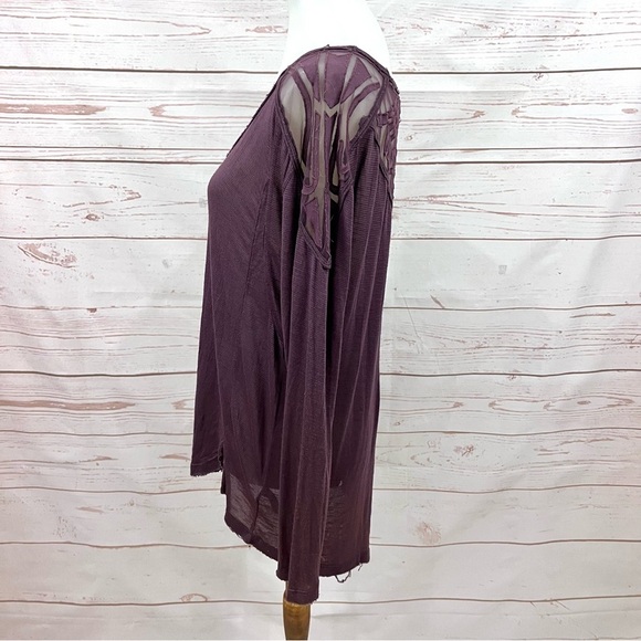 Free People The Gatsby Embroidered Mesh Wine Long Sleeve V-Neck Tee Tunic Top - Picture 8 of 14